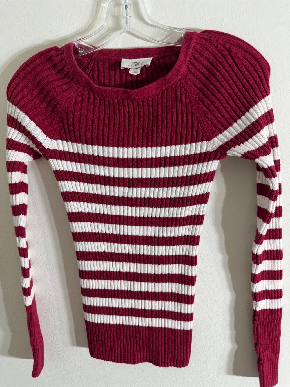 LOFT Maroon and White Striped Ribbed Crewneck Sweater